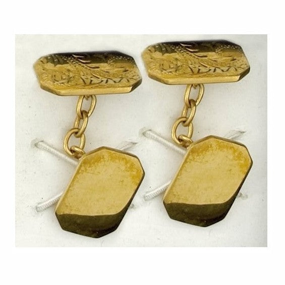 9ct Gold Half Engraved Rectangle Cufflinks - Leonard Silver - engraved and plain faces with chain links