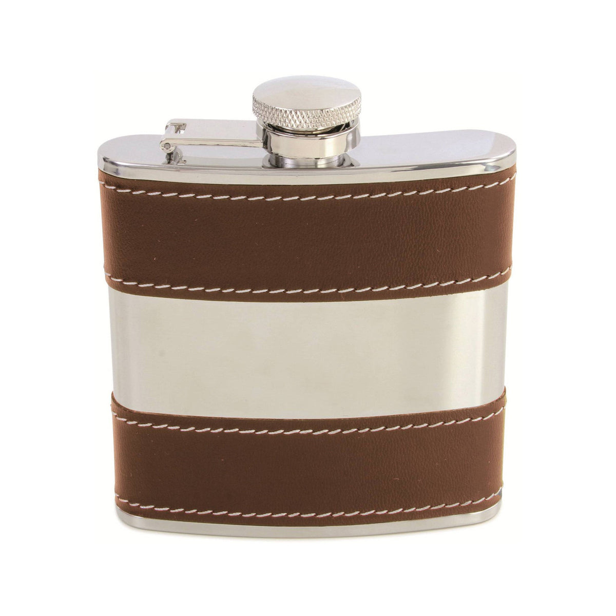 Brown 6oz Hip Flask With Polished Steel Centre - Leonard Silver - front view