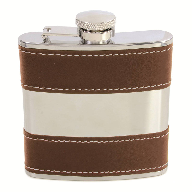 Brown 6oz Hip Flask With Polished Steel Centre - Leonard Silver - cap and stitching detail