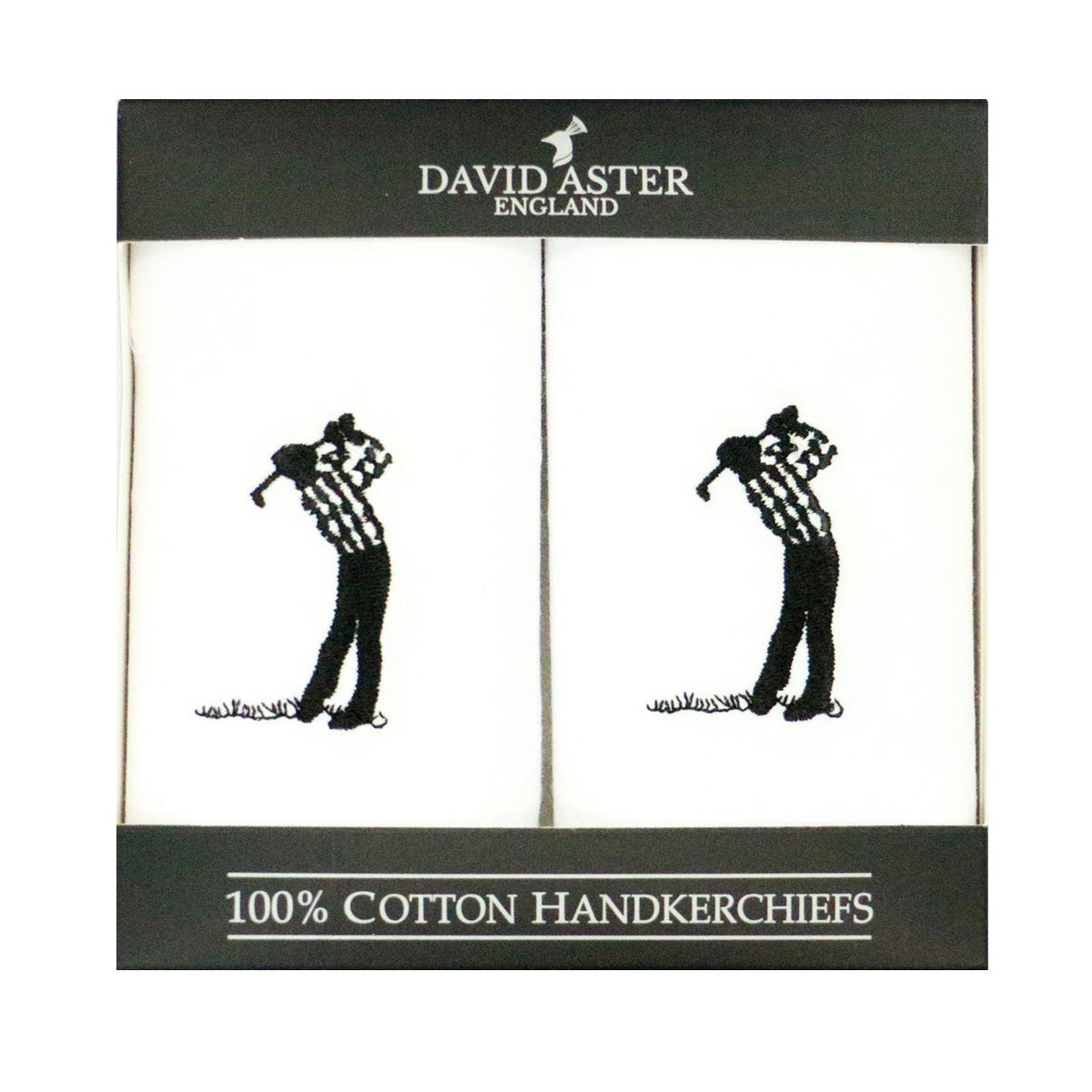 Golfer Embroidered White Cotton Handkerchiefs - Leonard Silver - set of two in presentation box