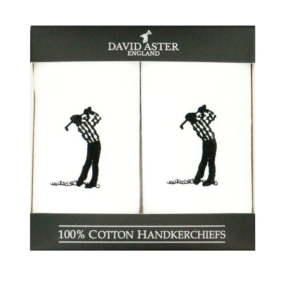 Golfer Embroidered White Cotton Handkerchiefs - Leonard Silver - set of two in presentation box