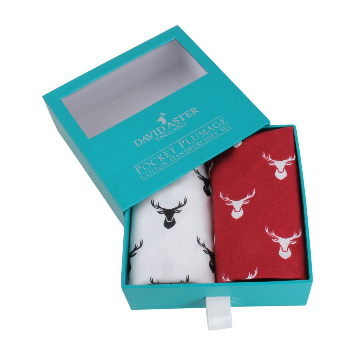 Red and White Stag Print Cotton Handkerchief Set - Leonard Silver, shown in presentation box