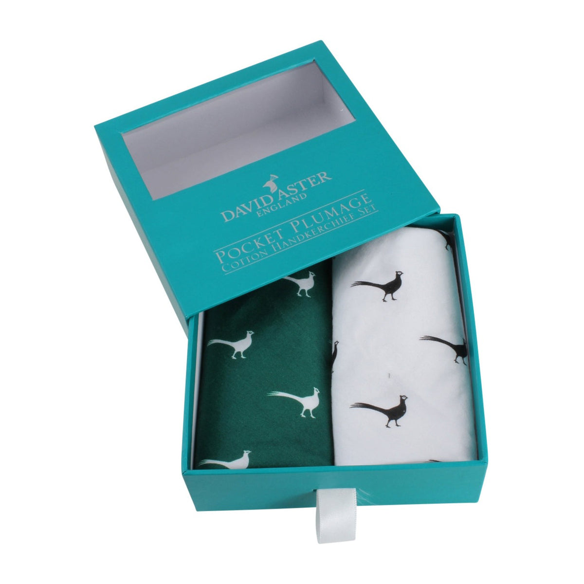 Green and White Pheasant Print Cotton Handkerchief Set - Leonard Silver - pair in presentation box