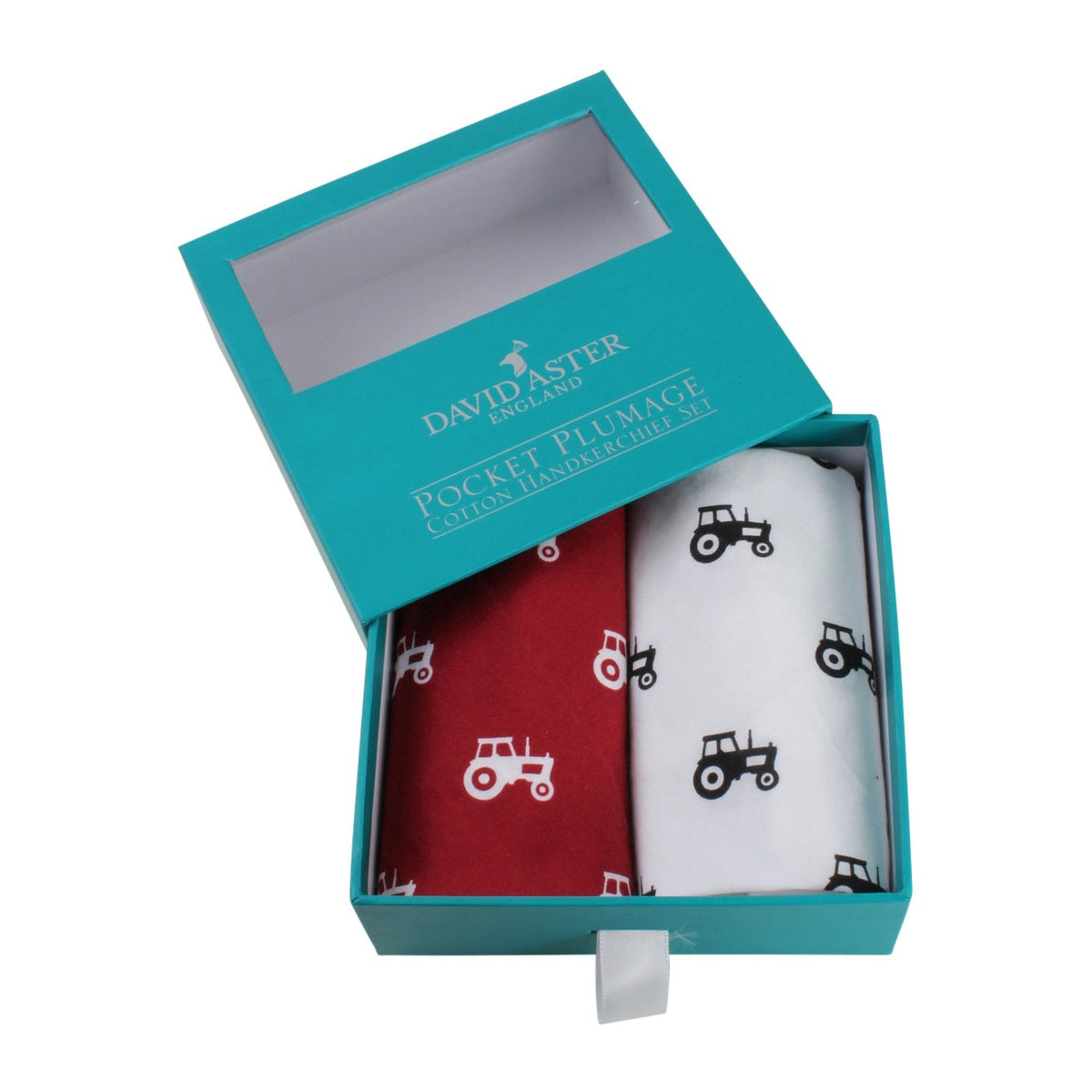 Red and White Tractor Print Cotton Handkerchief Set - Leonard Silver - pair shown in presentation box