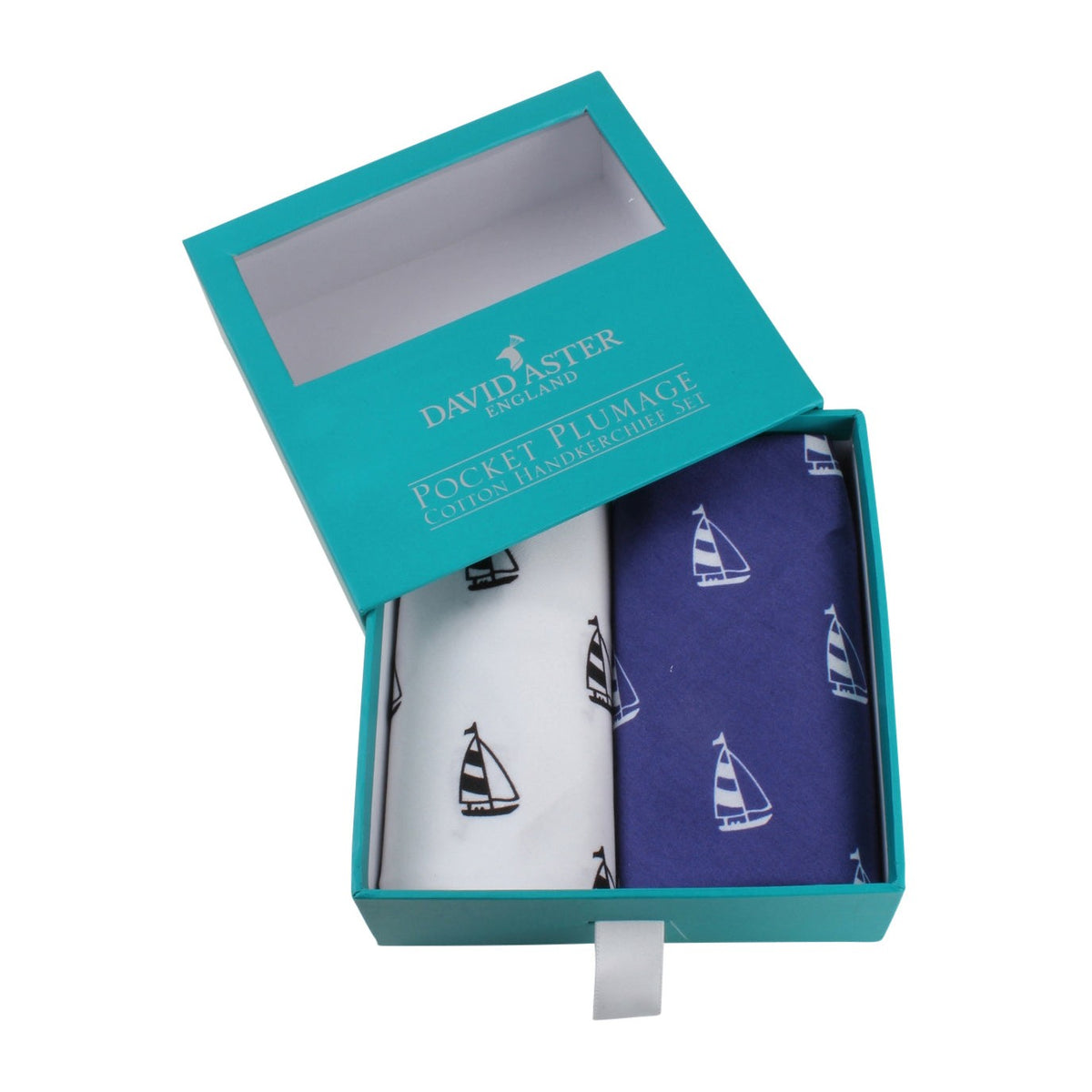 Blue and White Yacht Print Cotton Handkerchief Set - Leonard Silver - in presentation box