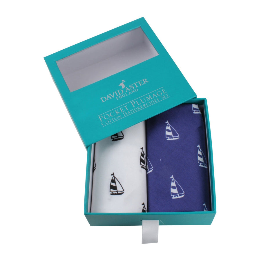 Blue and White Yacht Print Cotton Handkerchief Set - Leonard Silver - in presentation box