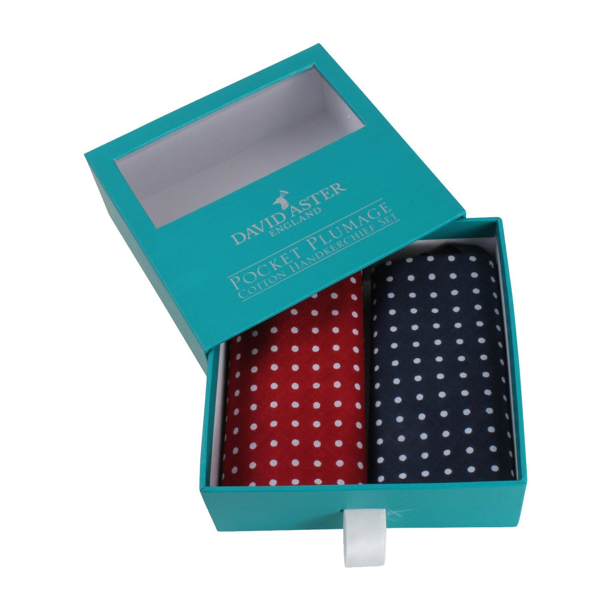 Red and Blue Spot Cotton Handkerchief Set - Leonard Silver - shown folded in gift box