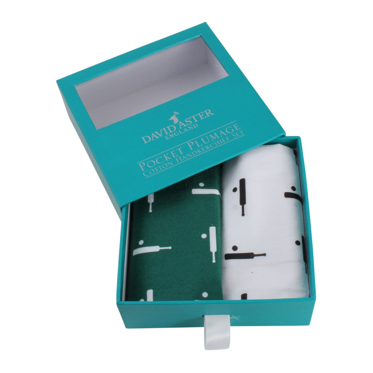 Green & White Cricket Print Cotton Handkerchief Set - Leonard Silver - pair in presentation box