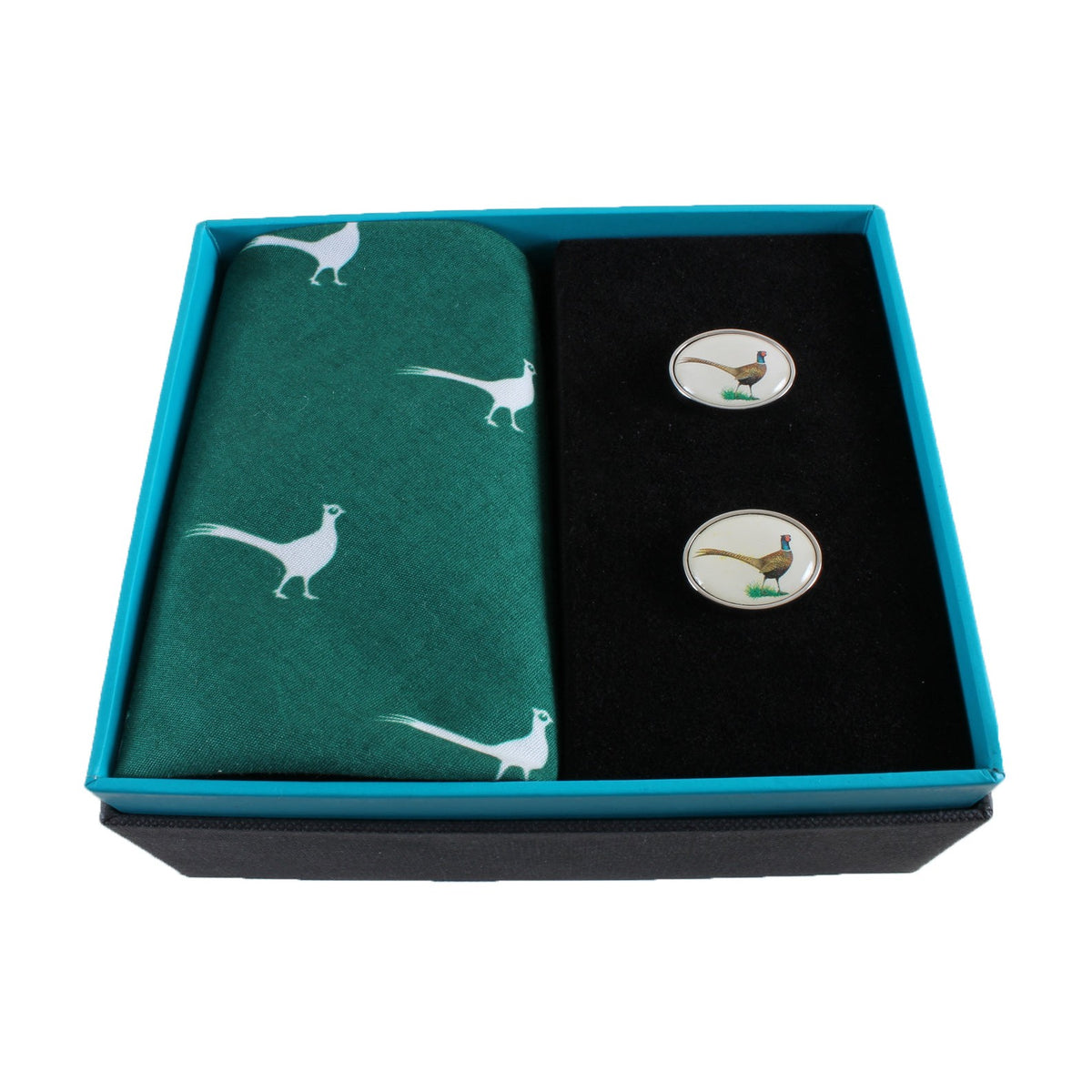 Pheasant Handkerchief And Cufflink Set - Leonard Silver - handkerchief and oval cufflinks in box
