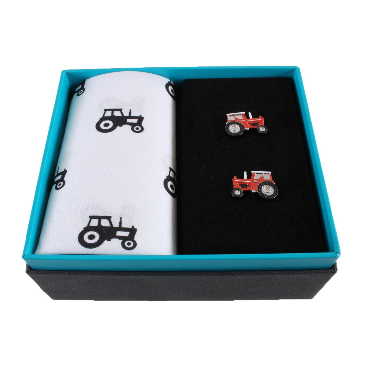 Tractor Handkerchief And Cufflink Set - Leonard Silver - boxed with white printed handkerchief and red tractor cufflinks