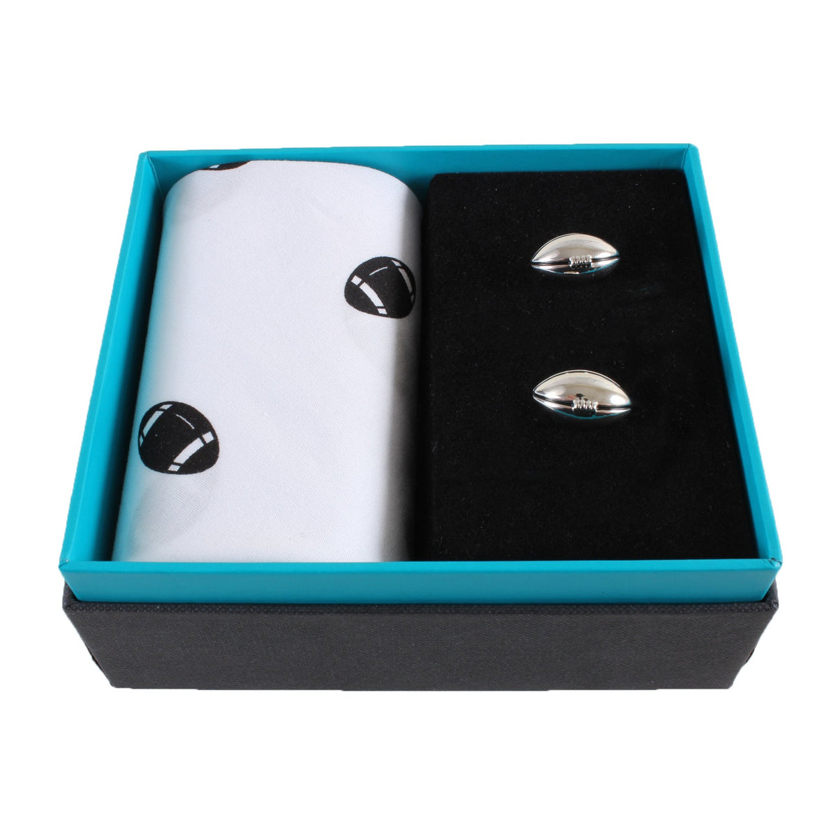 Rugby Ball Cufflinks & Handkerchief Set - Leonard Silver - cufflinks and handkerchief boxed together
