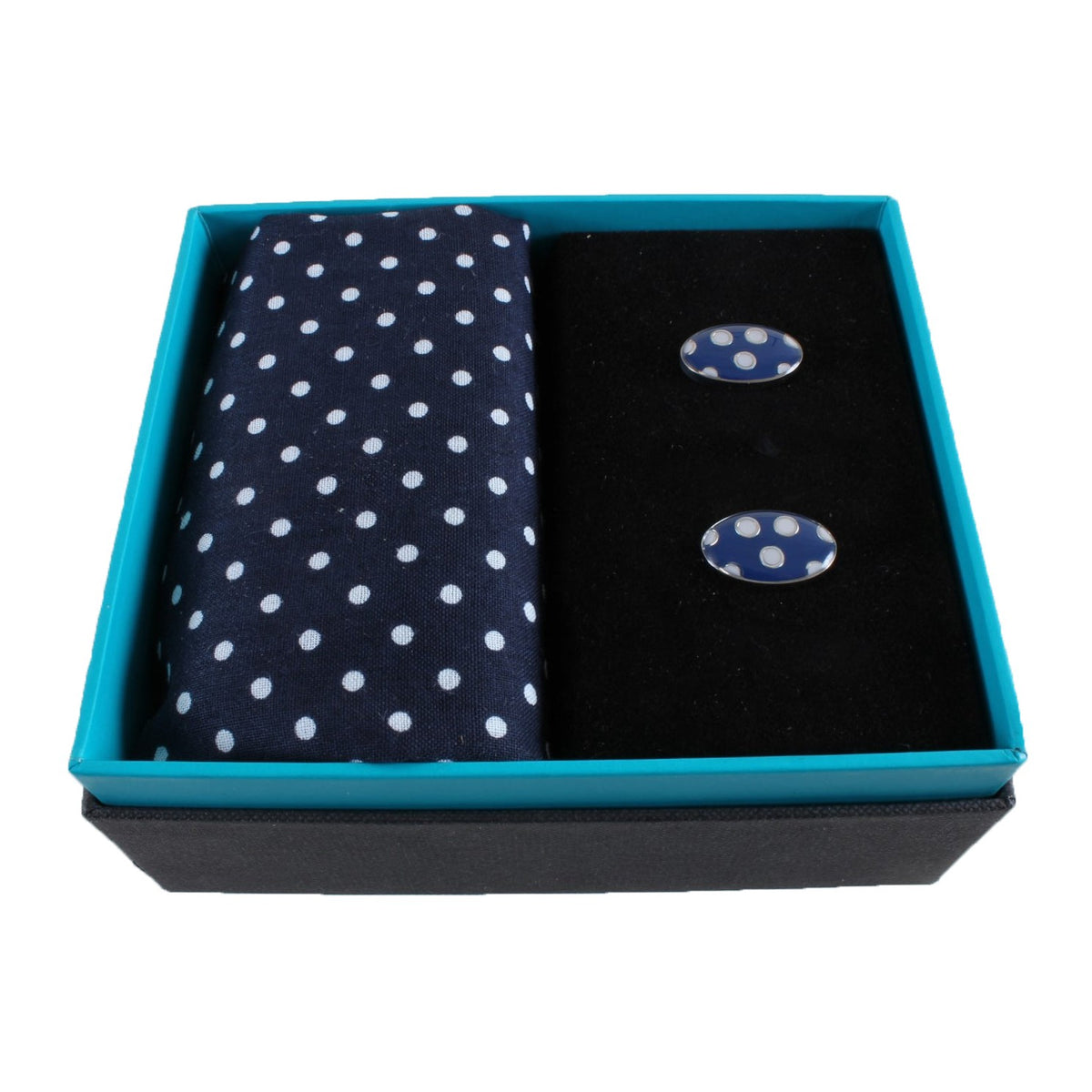 Blue and White Spot Handkerchief and Cufflink Set - Leonard Silver - handkerchief and oval cufflinks in box