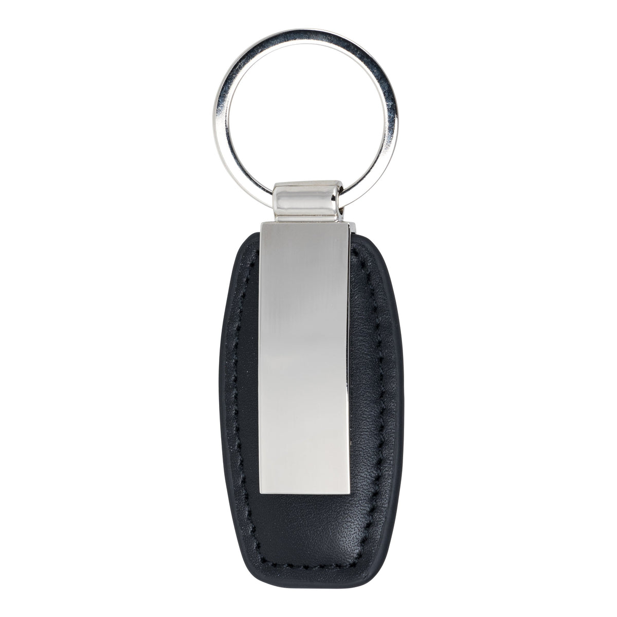 Small Black Leather Key Ring With Stainless Steel Plate - Leonard Silver - front