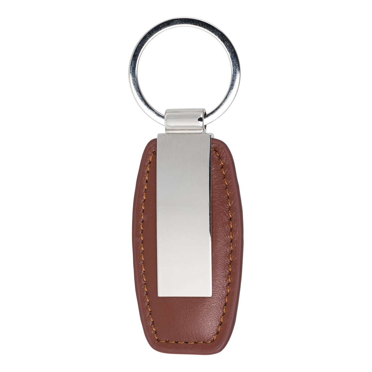 Brown Leather Key Ring With Stainless Steel Plate - Leonard Silver - front