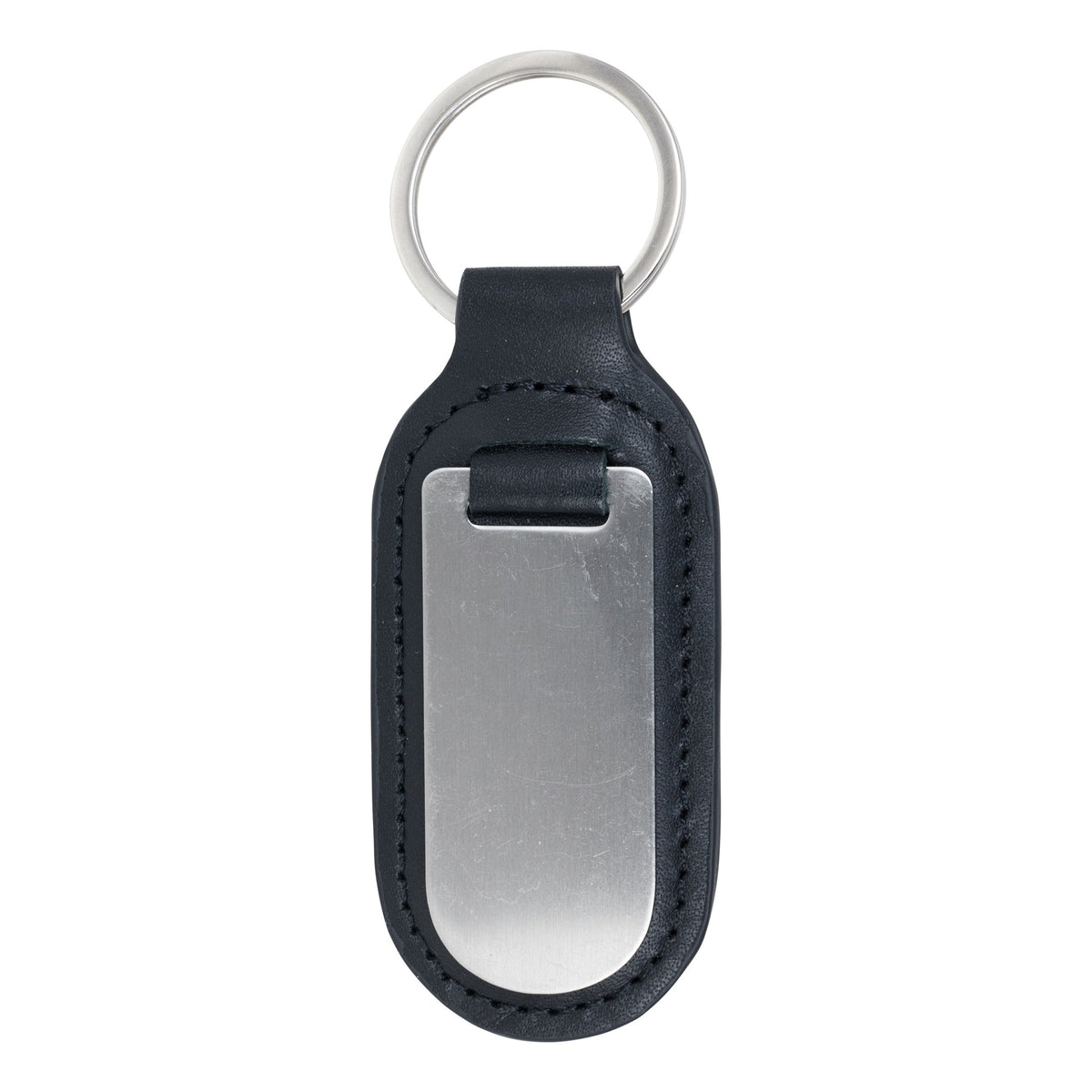 Black Leather Key Ring With Stainless Steel Plate - Leonard Silver - front