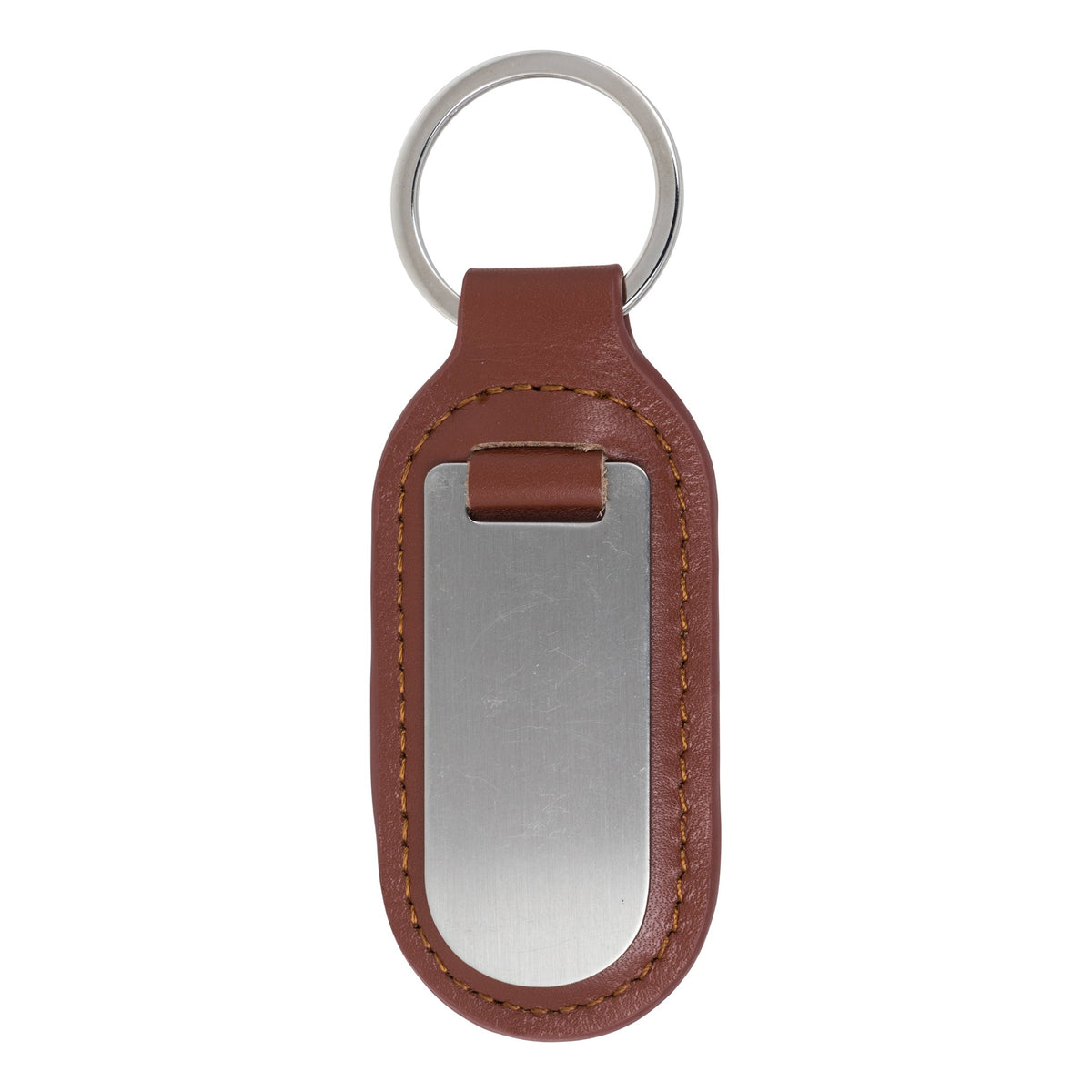 Large Brown Leather Key Ring With Stainless Steel Plate - Leonard Silver - front