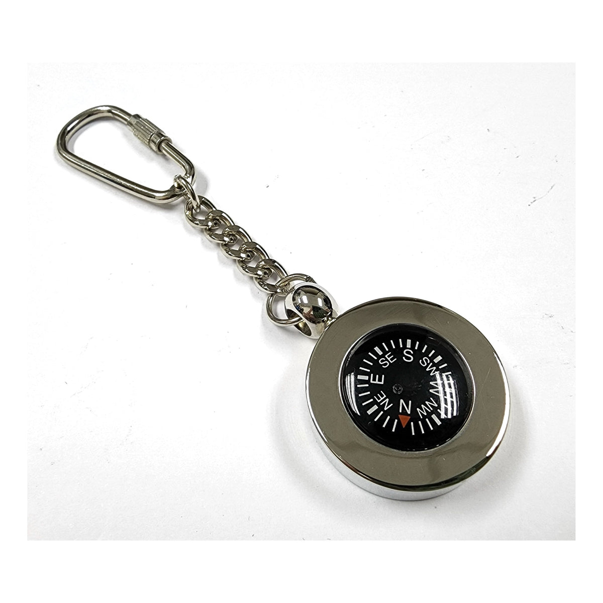 Compass Key Ring Rhodium Plate - Leonard Silver - compass dial, chain and clasp