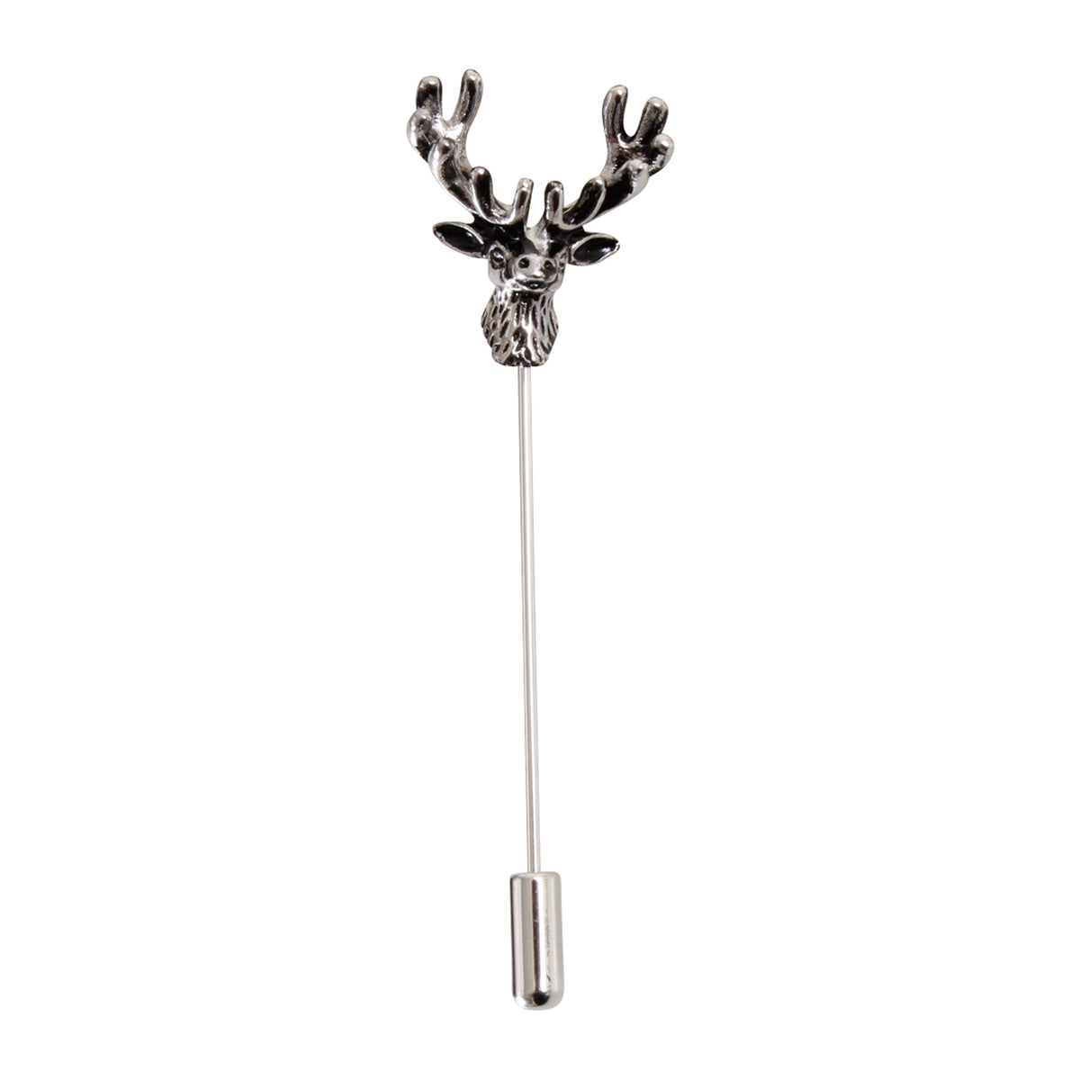 Stag Head Lapel Pin in Antiqued Silver Tone - Leonard Silver - front view