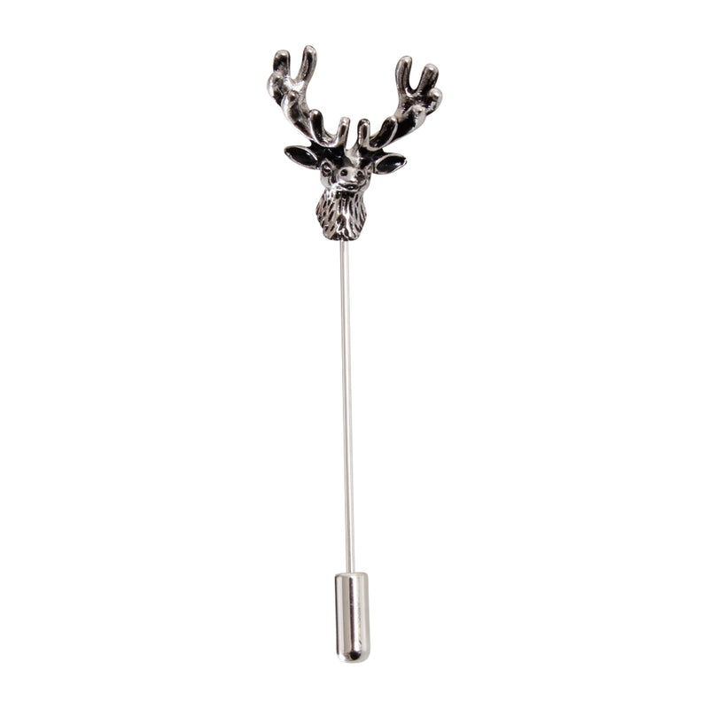 Stag Head Lapel Pin in Antiqued Silver Tone - Leonard Silver - front view