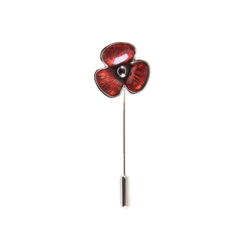 Enamel Poppy Lapel & Cravat Pin - Leonard Silver - full length with guard