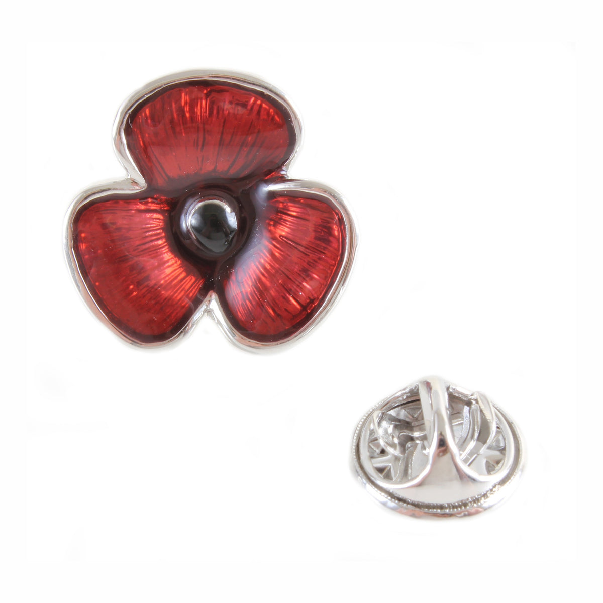 Red Poppy Lapel Pin Badge - Leonard Silver - front and clutch back fitting