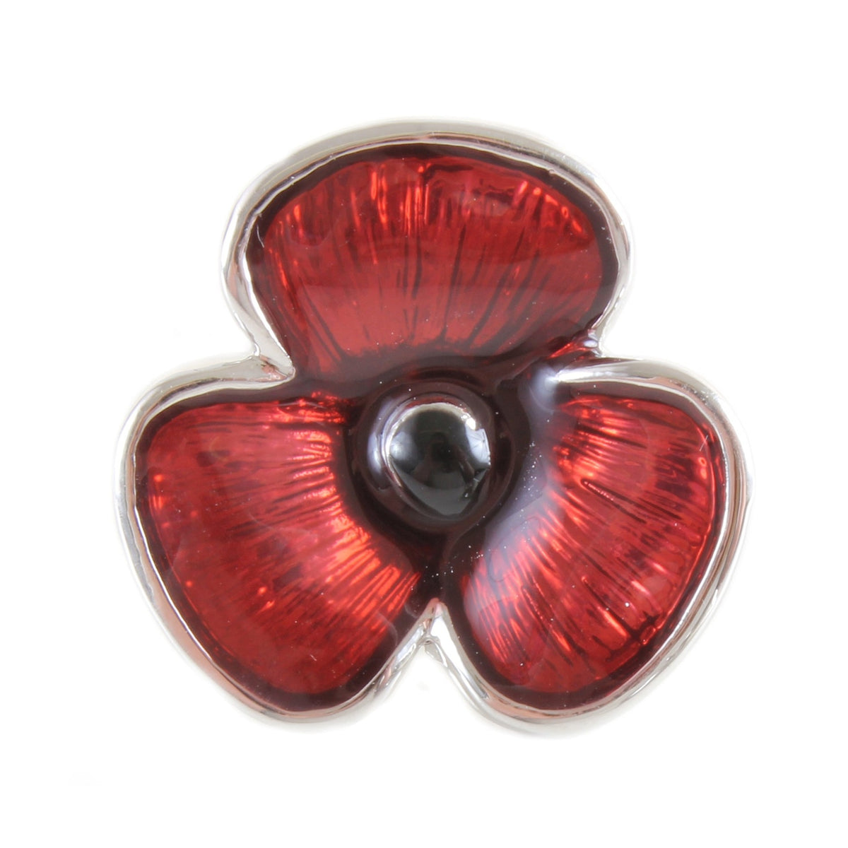 Red Poppy Lapel Pin Badge - Leonard Silver - close detail of petals