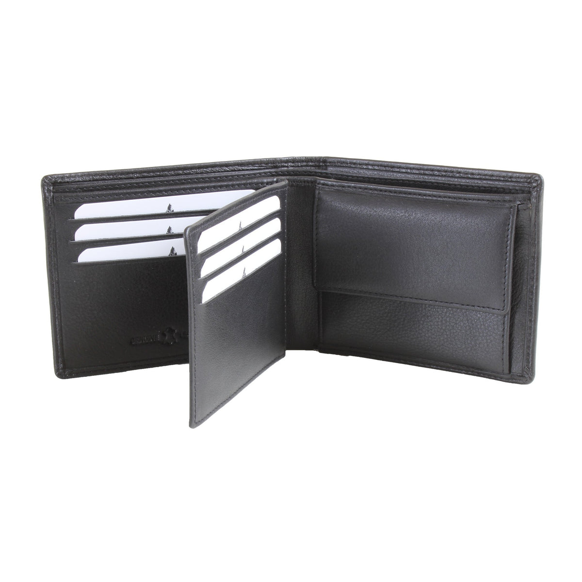 Black Leather RFID Wallet With ID Window & Coin Pocket - Leonard Silver - open, showing card slots and coin pocket
