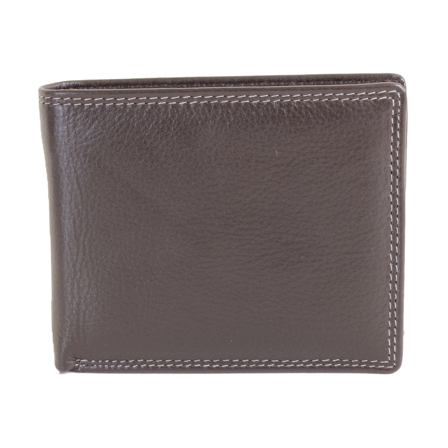 Brown Leather RFID Wallet with ID Window and Coin Pouch - Leonard Silver - closed, front