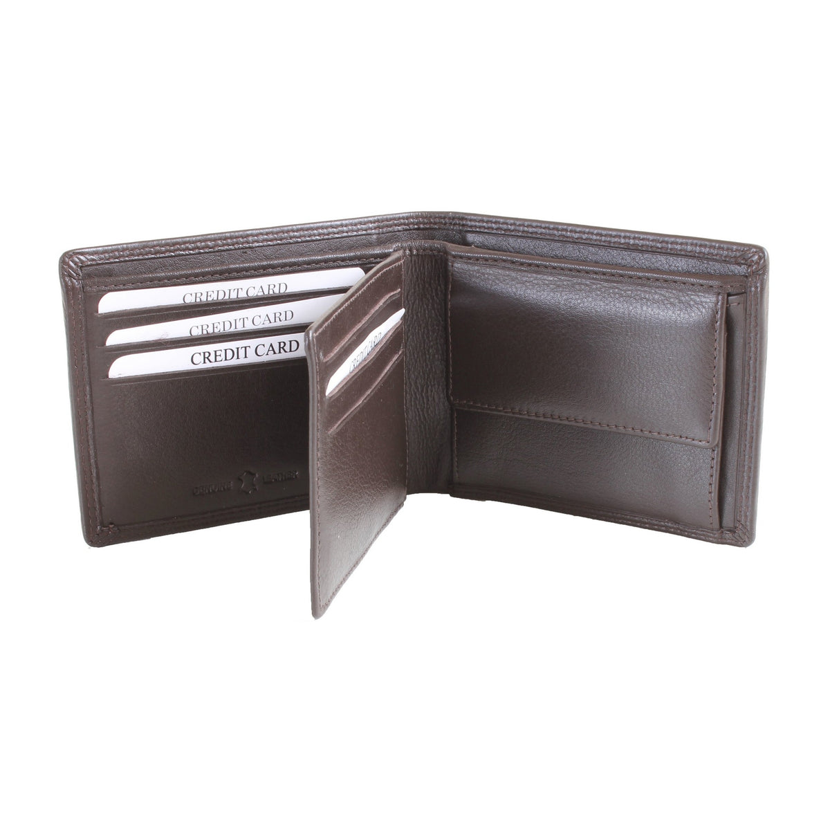 Brown Leather RFID Wallet with ID Window and Coin Pouch - Leonard Silver - open, showing card pockets and coin pocket