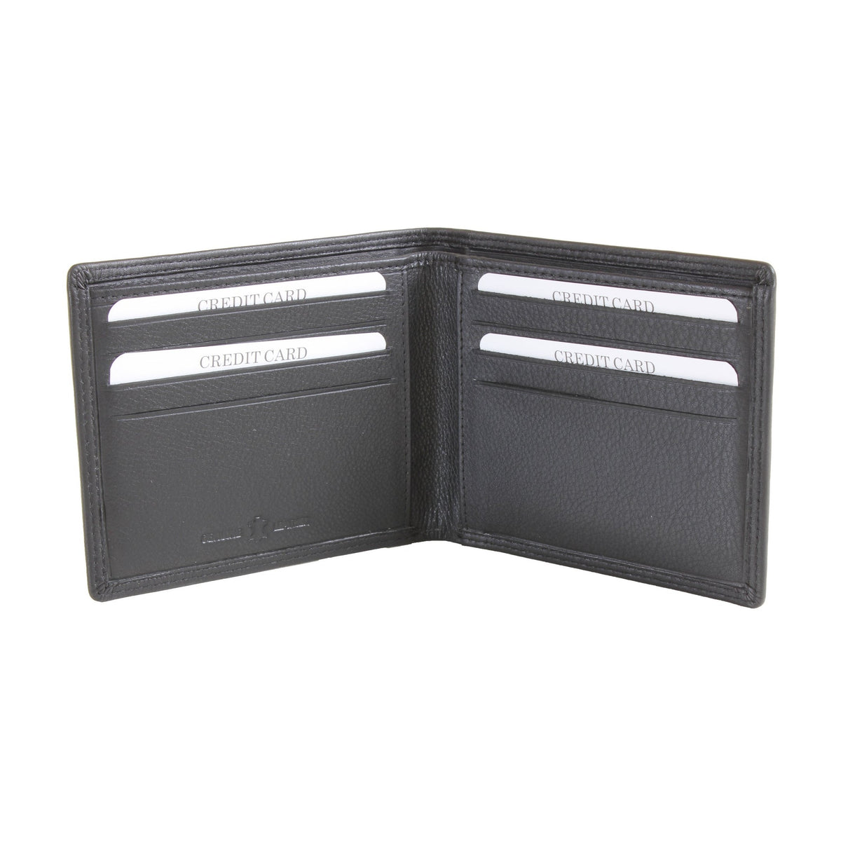 Black Leather RFID Billfold Wallet, 8 Card Slots - Leonard Silver - open, cards in slots