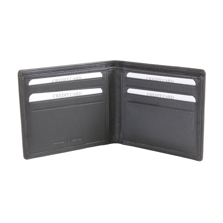Black Leather RFID Billfold Wallet, 8 Card Slots - Leonard Silver - open, cards in slots