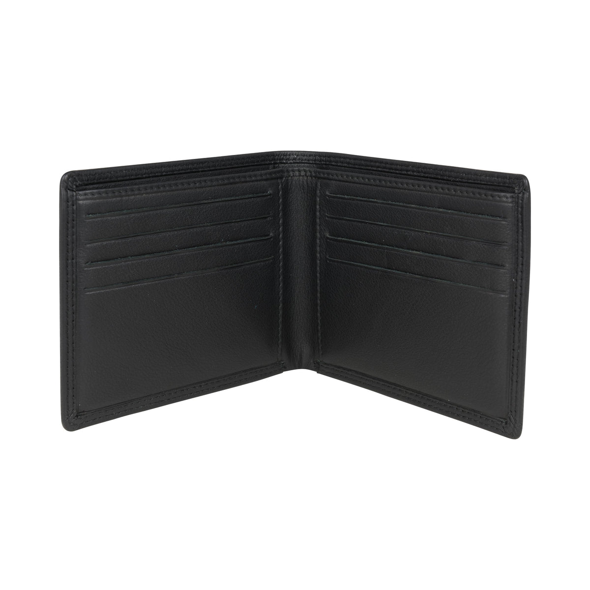 Black Leather RFID Billfold Wallet, 8 Card Slots - Leonard Silver - open interior