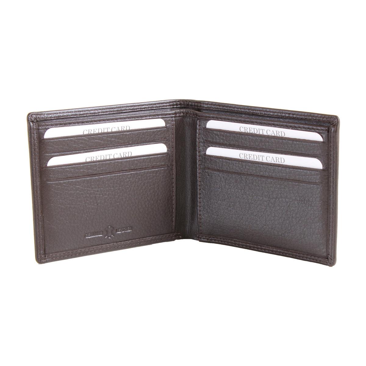 Brown Leather RFID Billfold Wallet, 8 Card Slots - Leonard Silver - open, showing card slots
