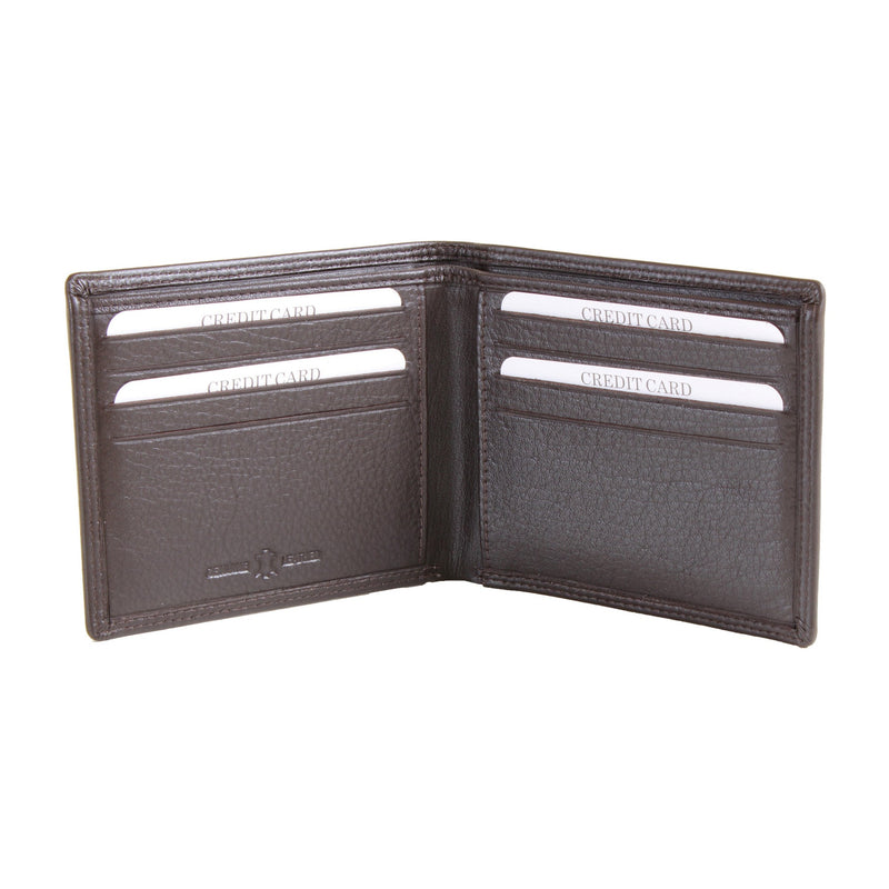 Brown Leather RFID Billfold Wallet, 8 Card Slots - Leonard Silver - open, showing card slots