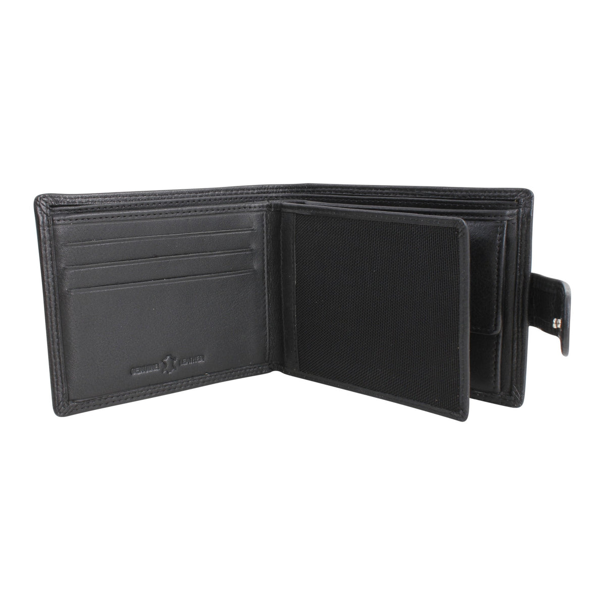Black Leather RFID Wallet with Tab Close - Leonard Silver - open, showing card slots and coin pouch