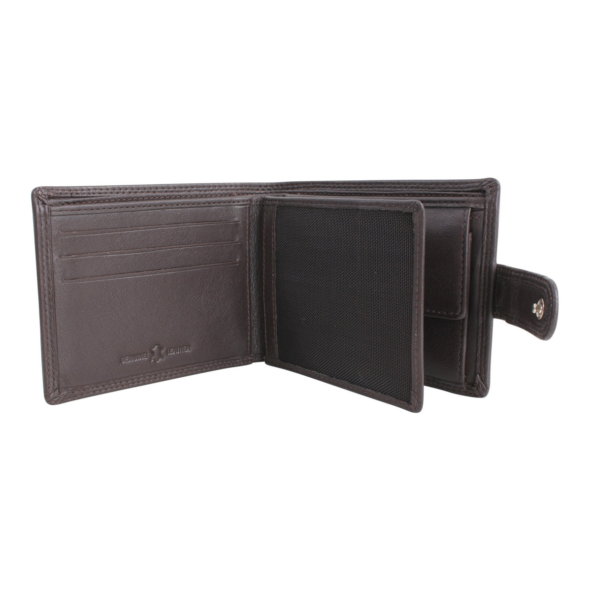 Brown Leather RFID Tab Close Wallet - Leonard Silver - open, showing card slots and ID window