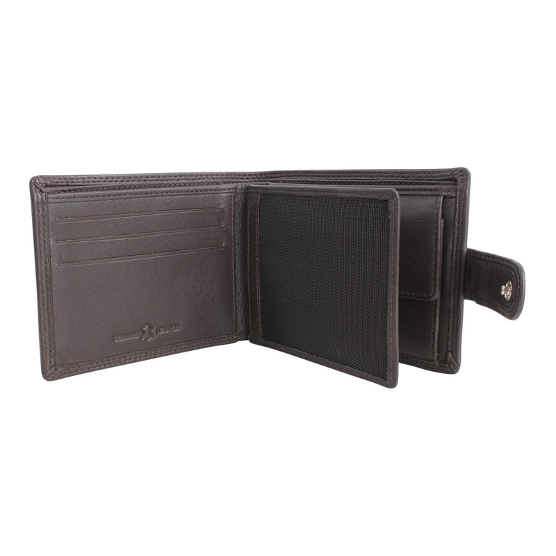 Brown Leather RFID Tab Close Wallet - Leonard Silver - open, showing card slots and ID window