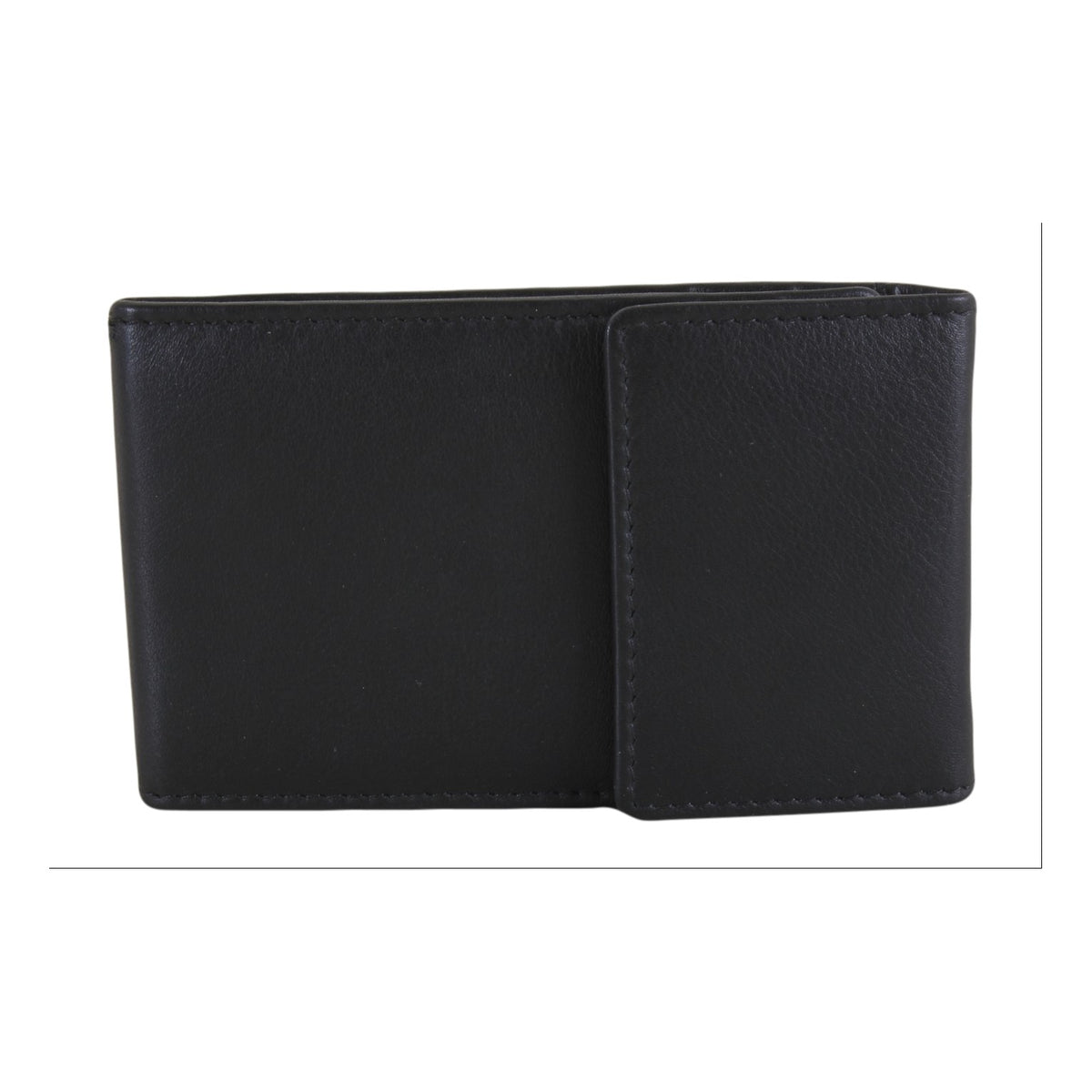 Black Leather RFID Card Case with Card Inserts - Leonard Silver - closed, front with popper flap