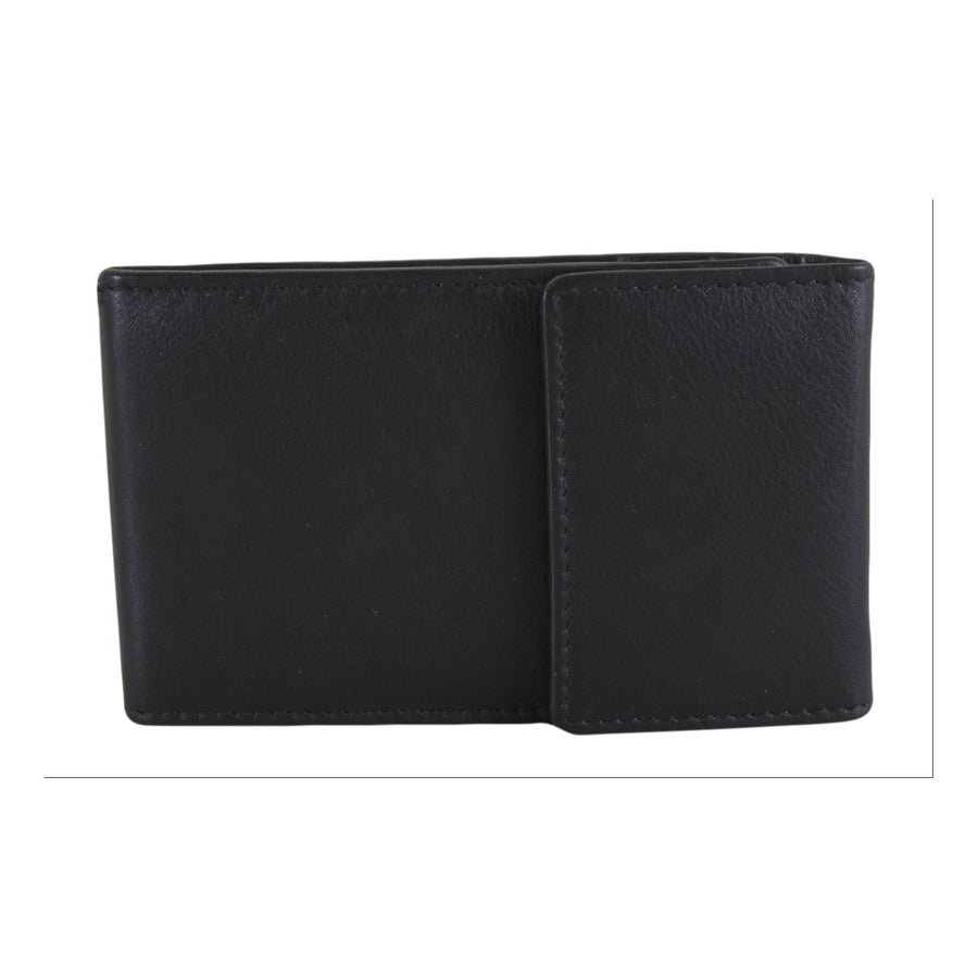 Black Leather RFID Card Case with Card Inserts - Leonard Silver - closed, front with popper flap