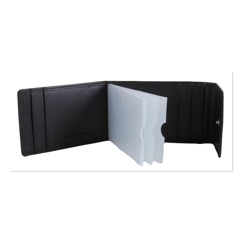 Black Leather RFID Card Case with Card Inserts - Leonard Silver - open, showing leather slots and plastic inserts