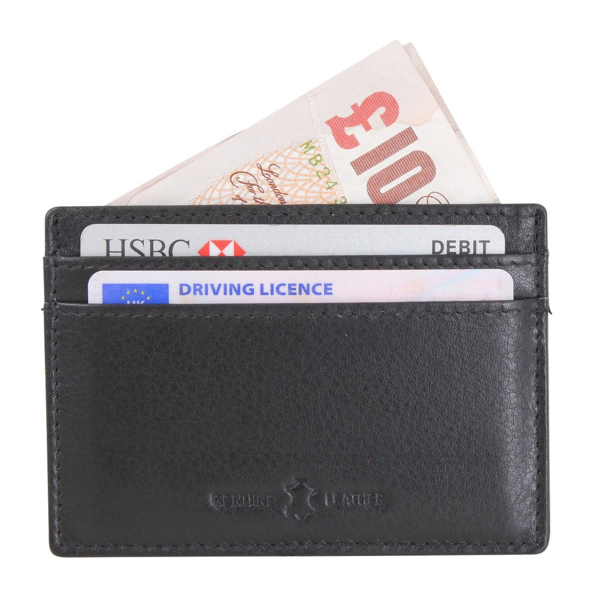 Black Leather RFID Slim Card Holder - Leonard Silver - card slots in use