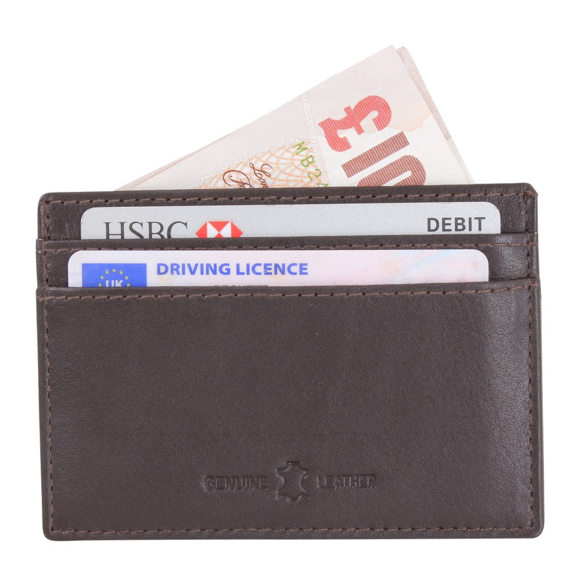 Brown Leather RFID Slim Card Holder - Leonard Silver - cards and notes in place