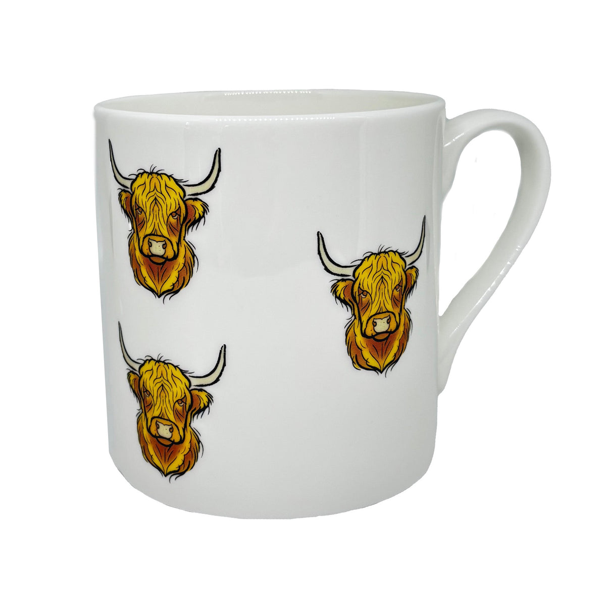 Highland Cow Fine Bone China Mug - Leonard Silver - front view of repeating cattle illustration
