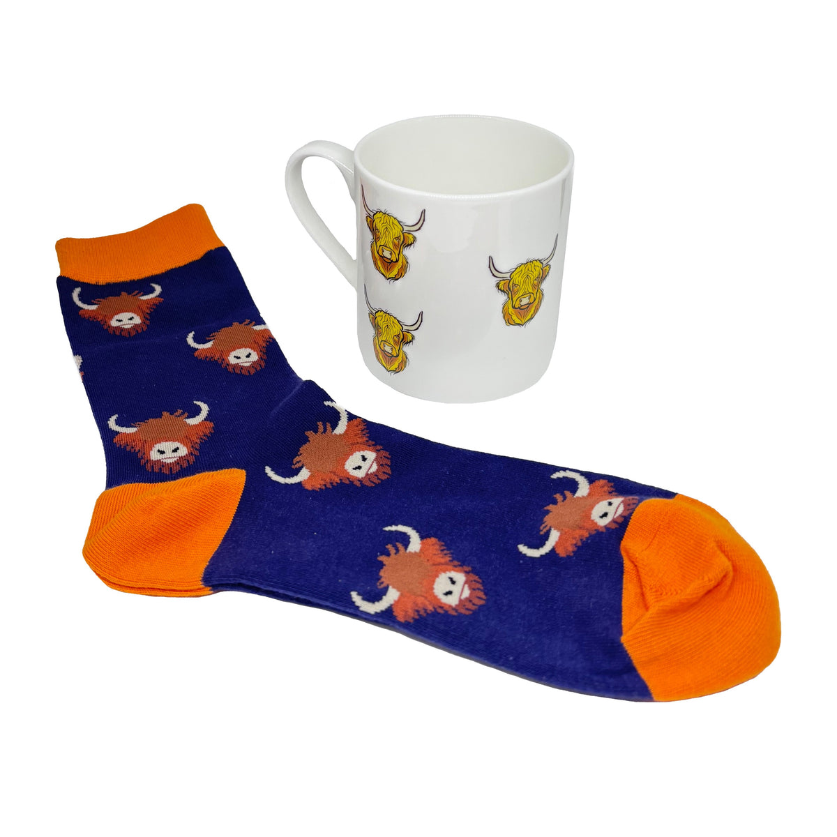 Highland Cow Bone China Mug & Sock Set - Leonard Silver - mug and navy socks