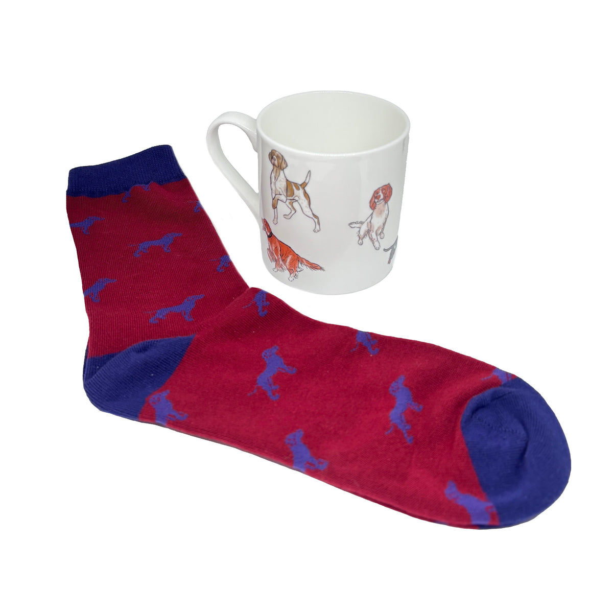 Dogs Fine Bone China Mug and Sock Set - Leonard Silver - mug and red socks