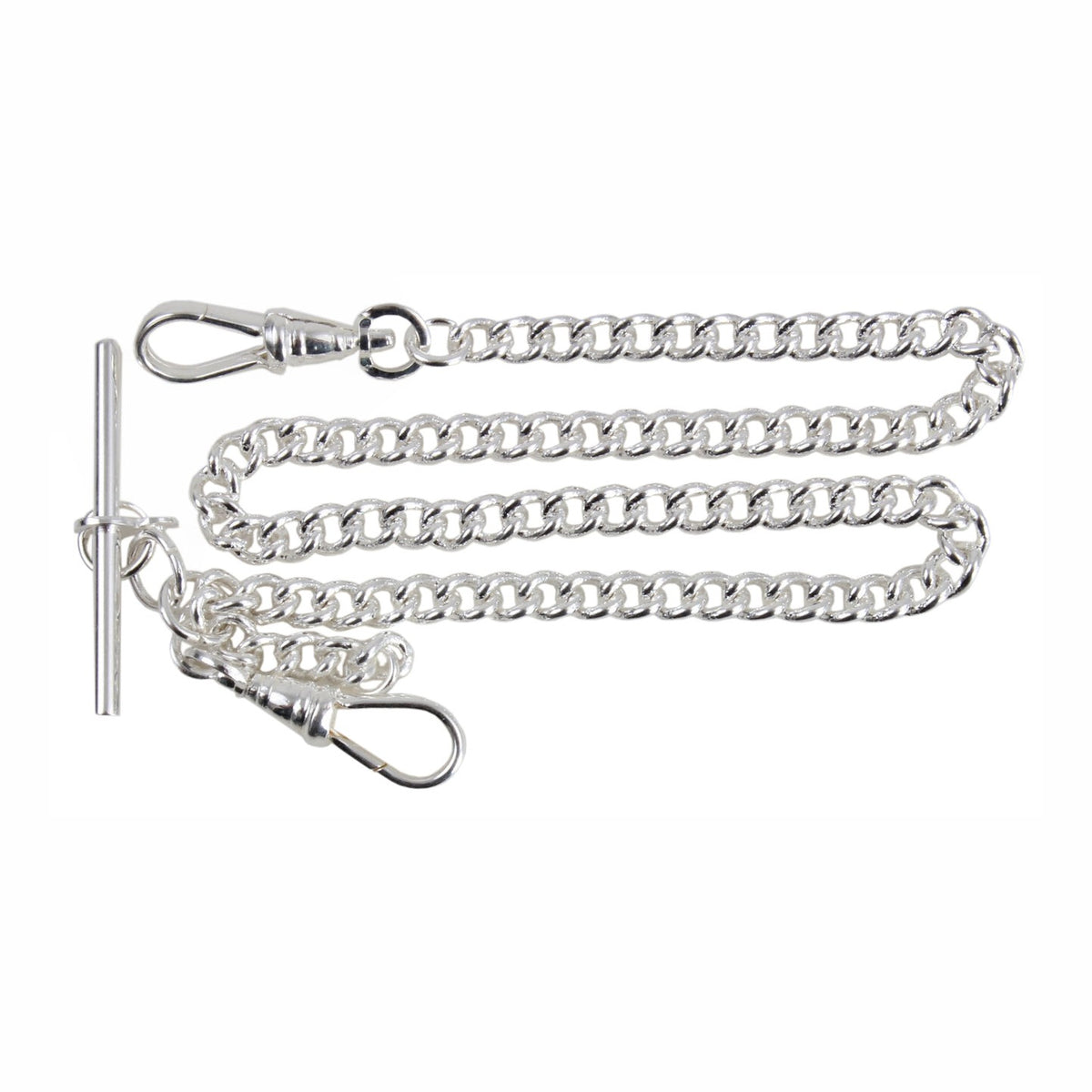 Silver Plated Small Curb Albert Watch Chain - Leonard Silver - full chain with T-bar and swivel clasp