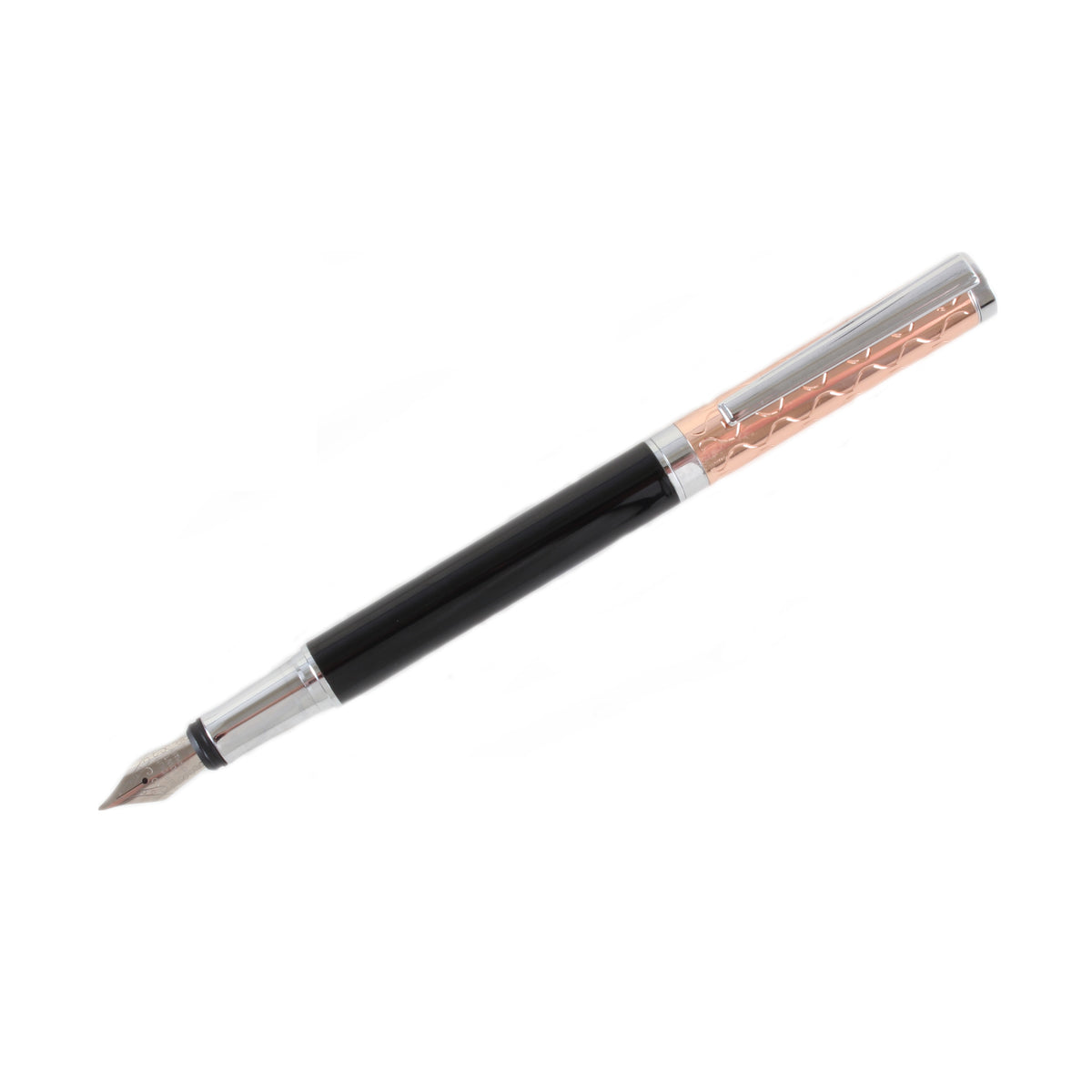 Rose Gold and Black Fountain Pen - Leonard Silver - full view with nib exposed