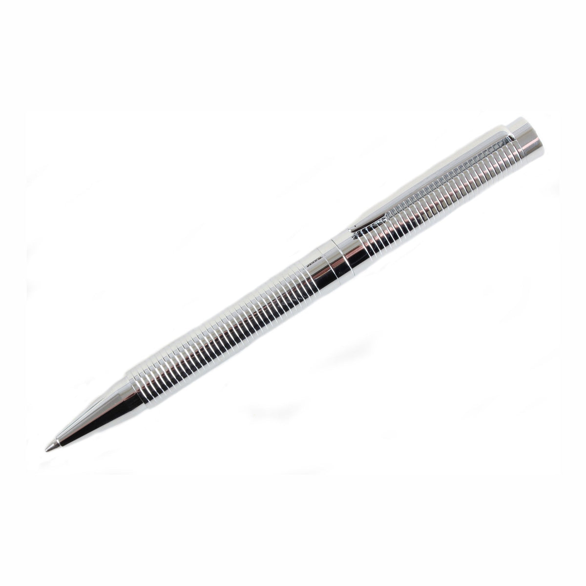 Chrome Ribbed Ballpoint Pen - Leonard Silver - full length view