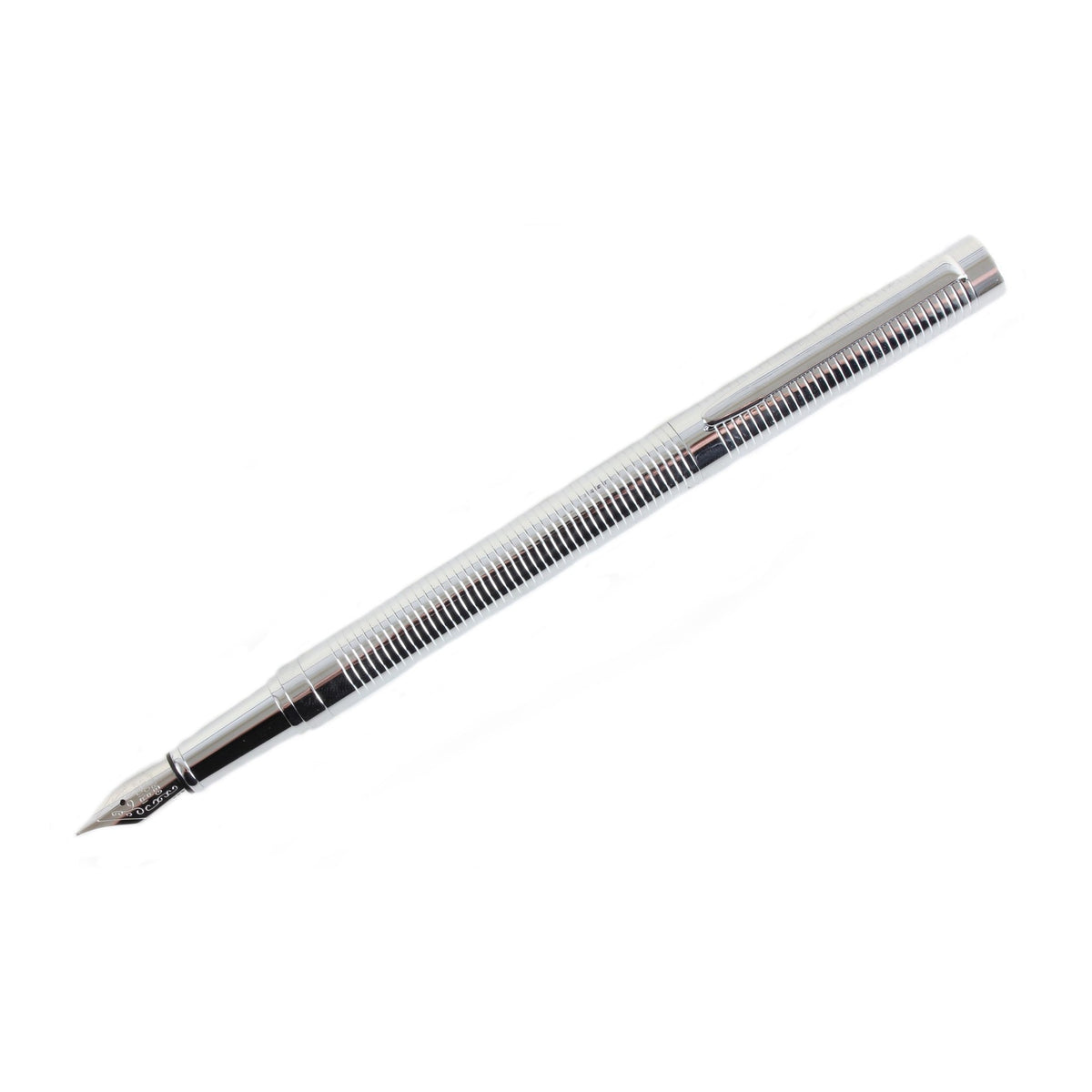 Chrome Ribbed Fountain Pen - Leonard Silver - nib and ribbed barrel