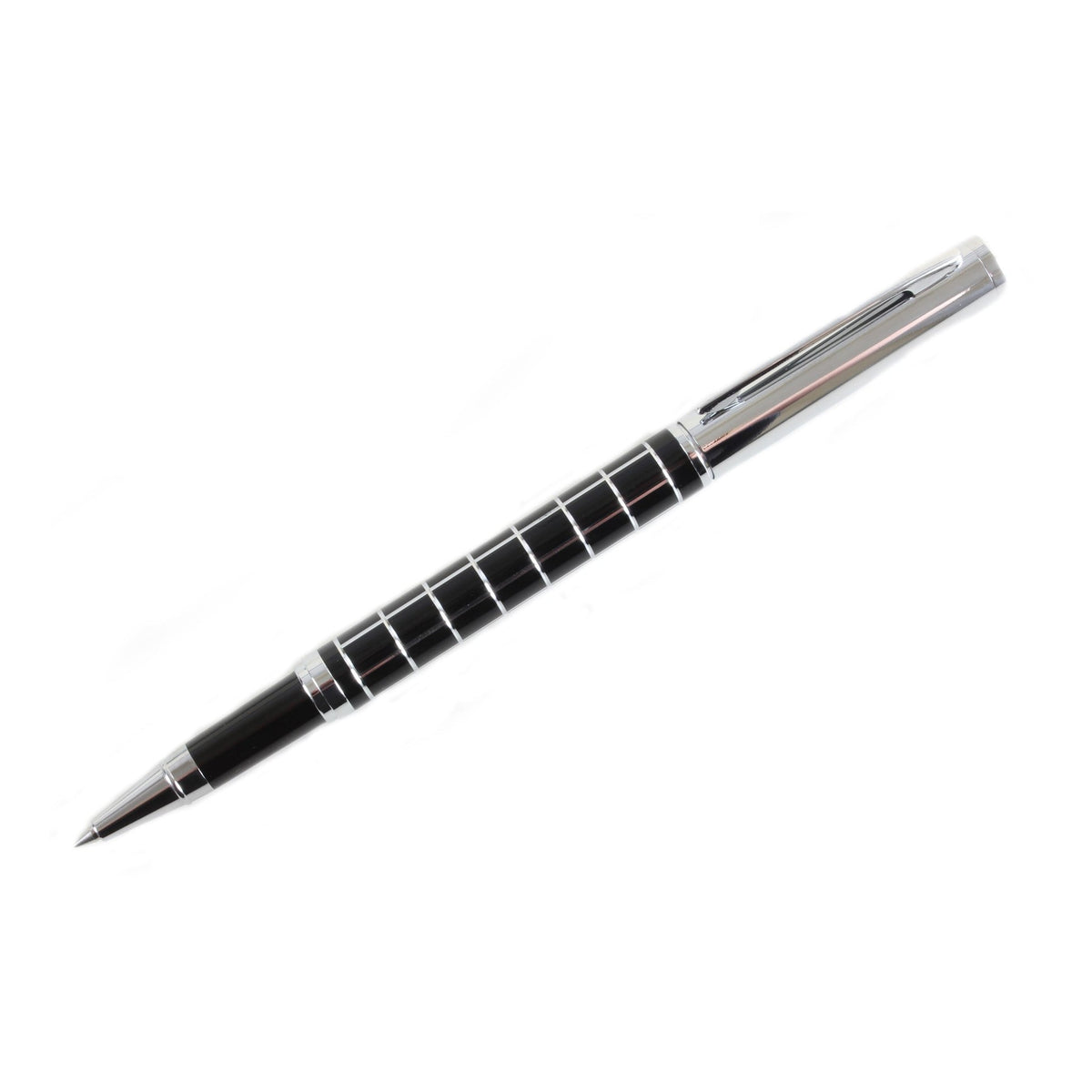 Black Chrome Checker Roller Ball Pen - Leonard Silver - full length view